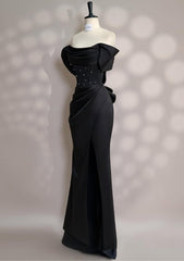 Black Off-The-Shoulder Split Bow Evening Dress