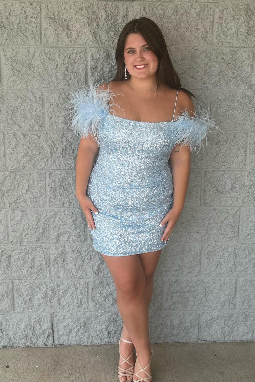 Sparkly Lilac Sequins Tight Short Homecoming Dress/Mini Dress with Feathers