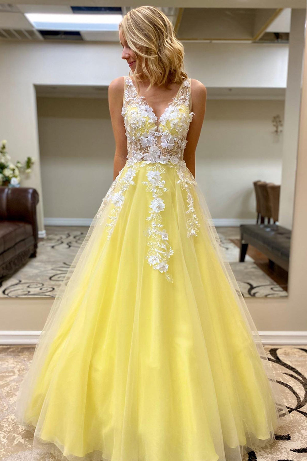 A-Line Prom Dress with Appliques in a V-Neck Style