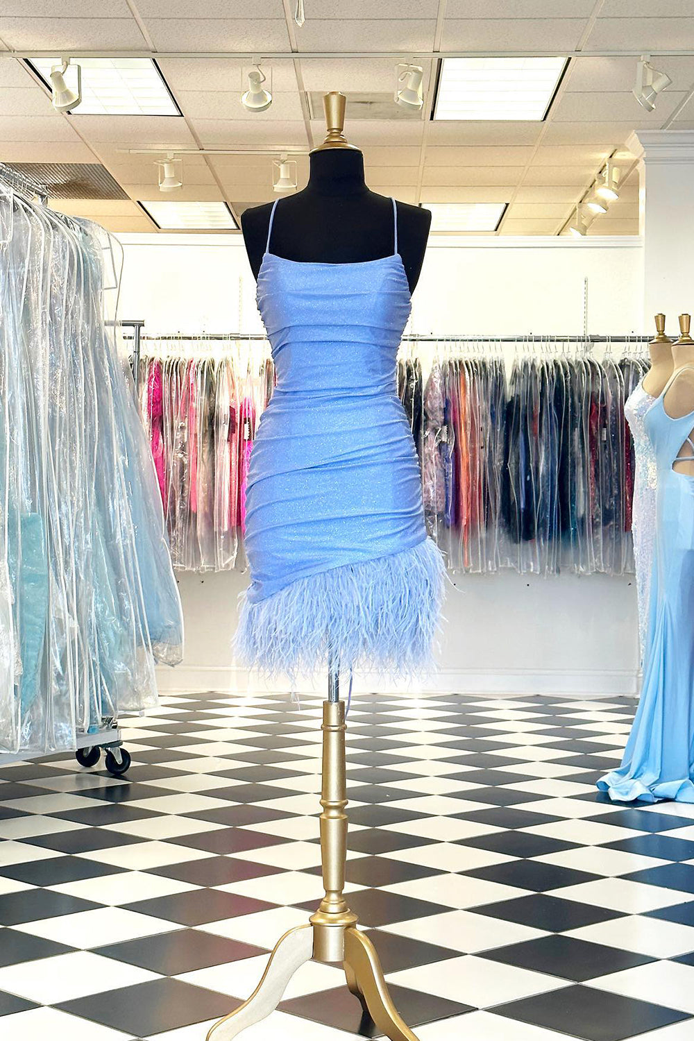 Glitter Light Blue Feathered Tight Short Homecoming Dress/Mini Dress