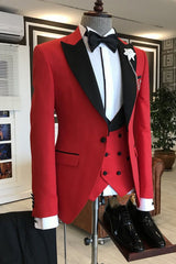 Stylish Red Men's Wedding Suits Three Pieces with Black Peaked Lapel
