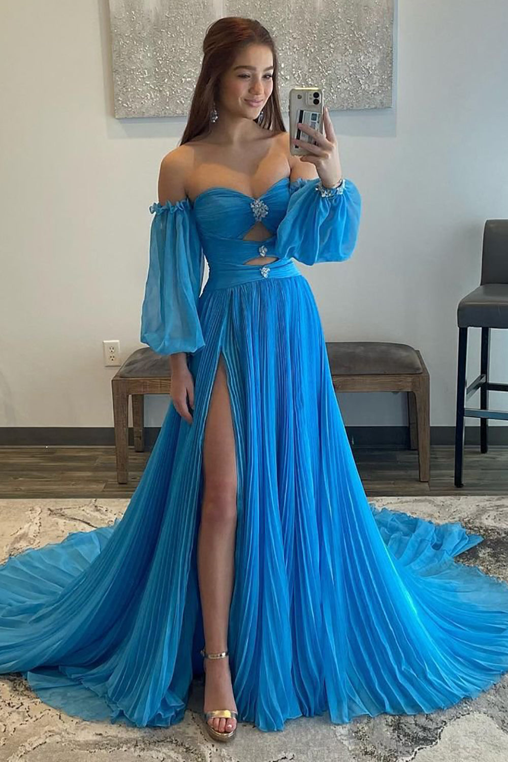 Long Blue Sweetheart A-Line Prom Dress Featuring a Front Split