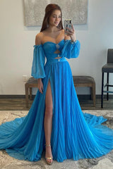 Long Blue Sweetheart A-Line Prom Dress with Front Split