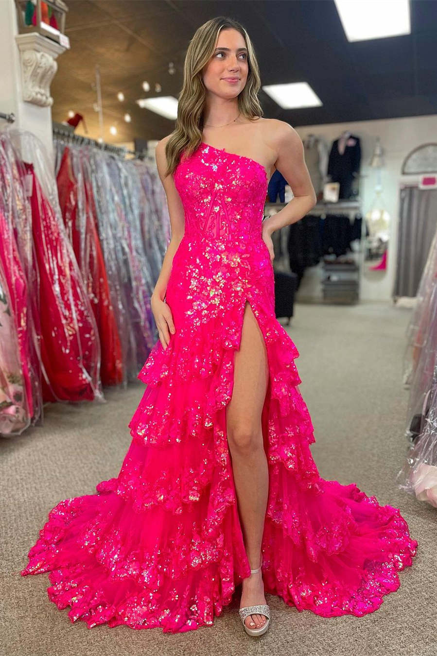 Navy Lace Corset Prom Dress with Sparkly Ruffles and One Shoulder A-Line
