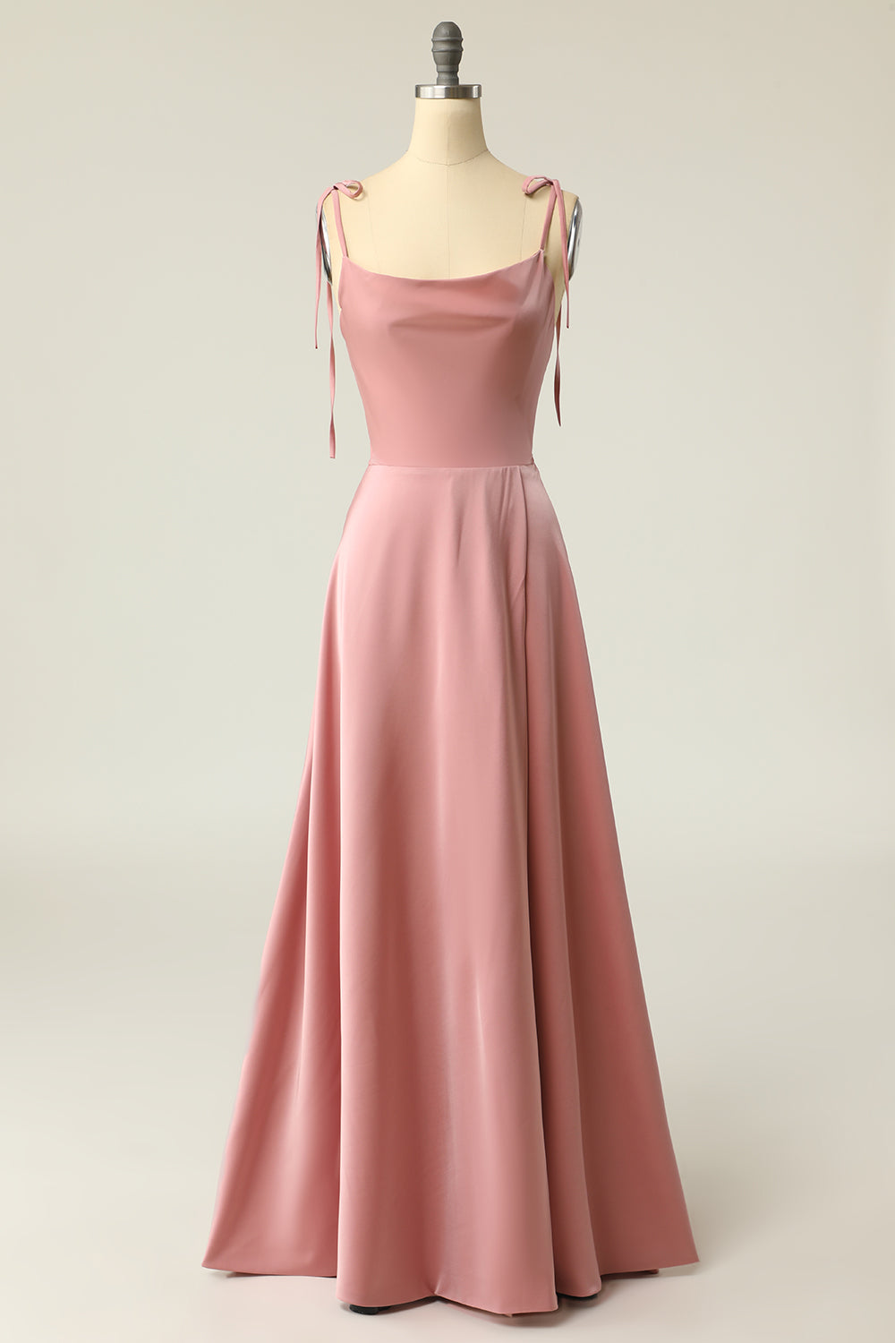 Light green long A-line prom dress with spaghetti straps and slit
