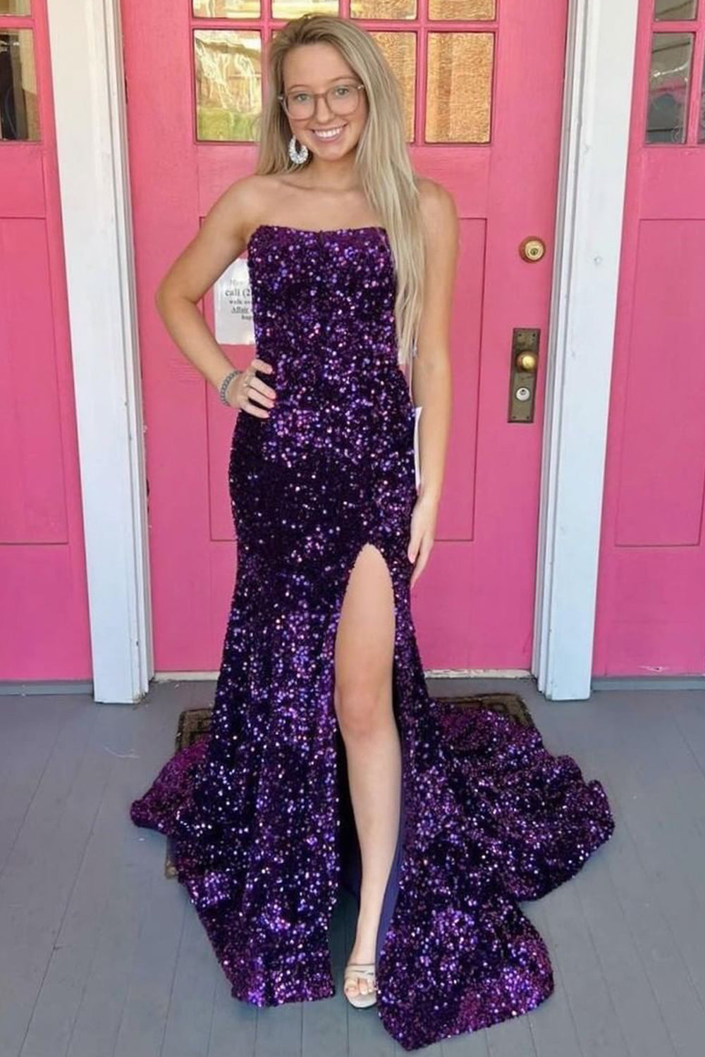 Sequined Black Strapless Prom Gown Featuring a Slit