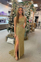 Golden Sequined Long Prom Dress with Mermaid Cut and One Shoulder