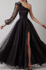 Black One Shoulder A-Line Long Sleeve Prom Gown
