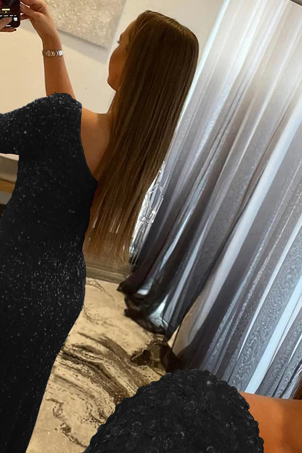 Sequined Prom Dress with a Single Shoulder in Pink