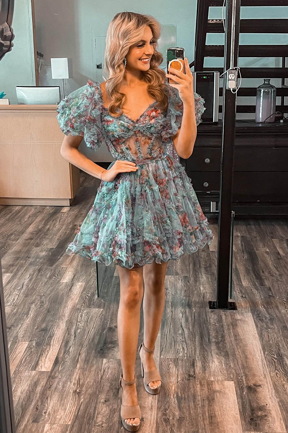 Fuchsia Floral A-Line Short Homecoming Dress/Mini Dress