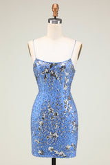 Sparkly Blue Sequined Beaded Backless Tight Short Homecoming Dress/Mini Dress