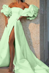White Off-The-Shoulder Long Evening Dress Bubble Sleeves With Slit