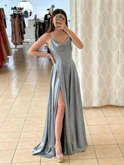Light green long A-line prom dress with spaghetti straps and slit