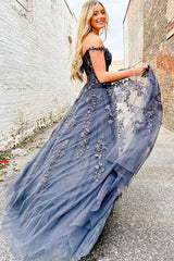 Prom Dress in Navy with Appliques and Off-the-Shoulder Design