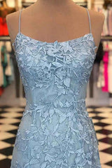 Prom Dress with Blue Spaghetti Straps and Backless Appliques