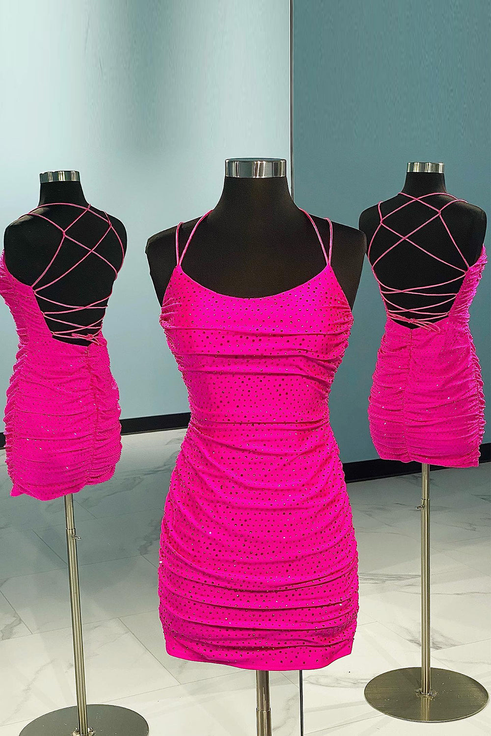 Rose Pink Lace Up Tight Homecoming Dress/Mini Dress
