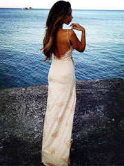 Spaghetti-Strap Lace Evening Dress With Slit