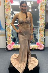 Long Black Corset Prom Dress with Mermaid Silhouette and Spaghetti Straps Featuring a Slit