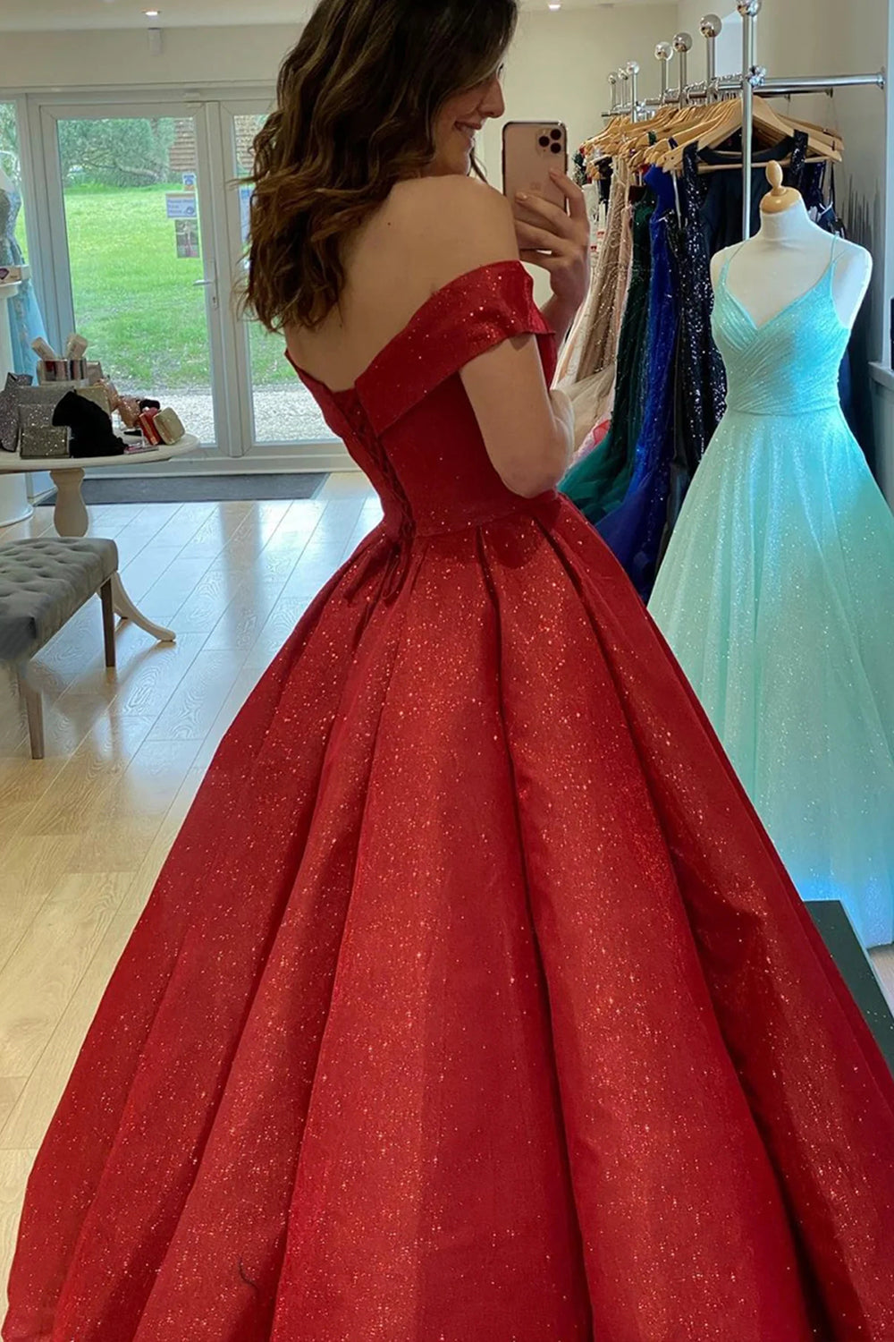 Red Off-the-Shoulder A-Line Prom Ball Gown