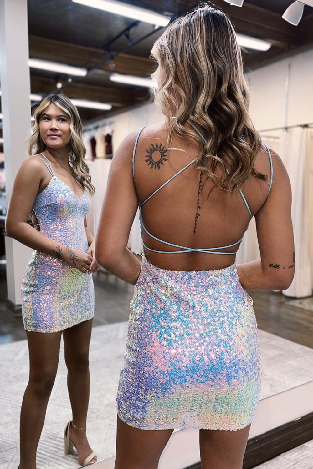 Sparkly White Sequins Spaghetti Straps Criss-Cross Straps Back Tight Homecoming Dress/Mini Dress