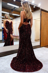 Royal Blue Sequined Long Prom Dress with Spaghetti Straps and Slit Mermaid Style