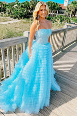 Long Corset Prom Dress in Lilac with A-Line Silhouette and Tiered Tulle Featuring Spaghetti Straps