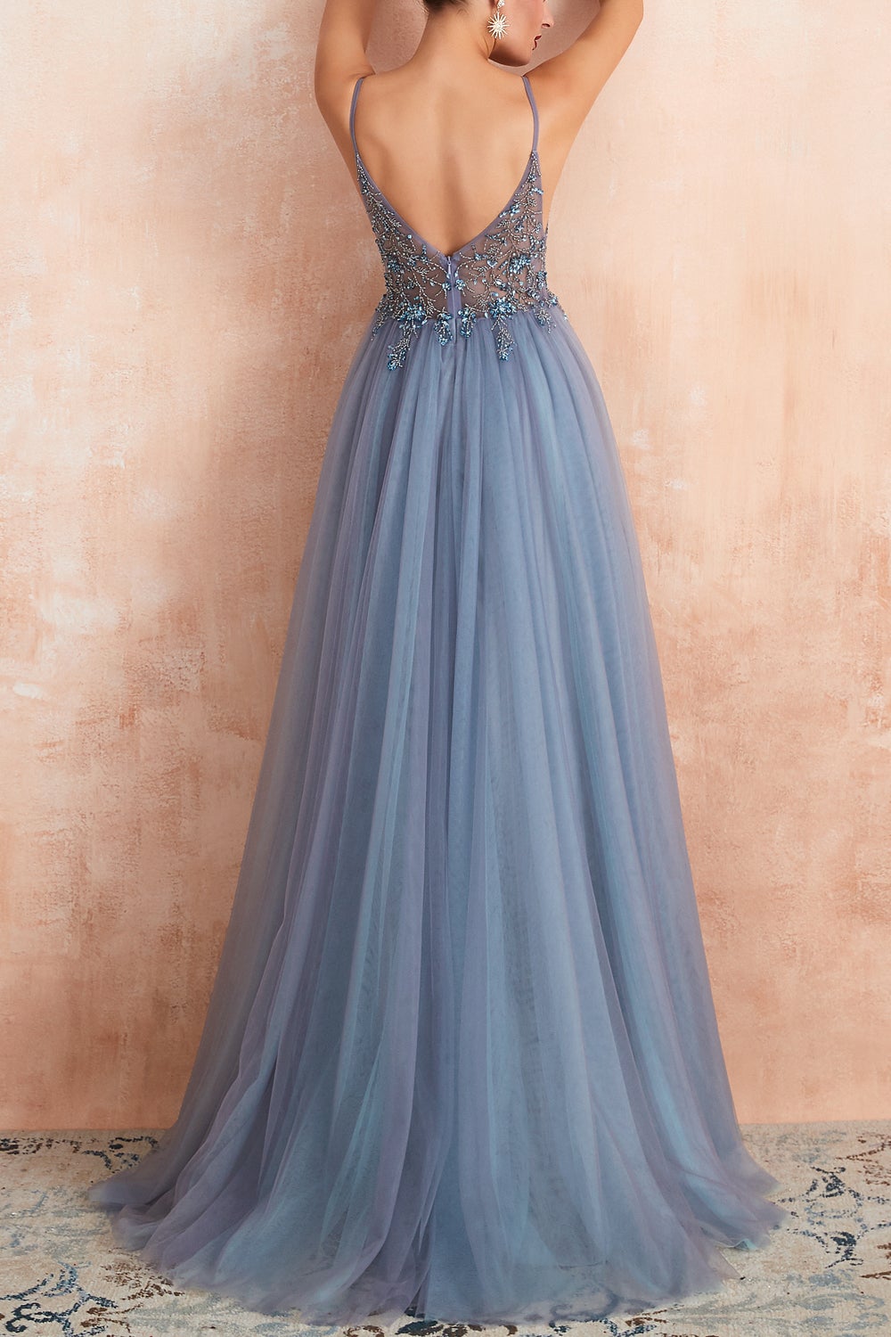 Long Blue Prom Dress with Spaghetti Straps and Slit