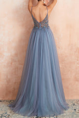 Long Blue Prom Dress with Spaghetti Straps and Slit
