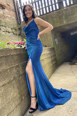 Long Blue Prom Dress Featuring Spaghetti Straps and a Front Split
