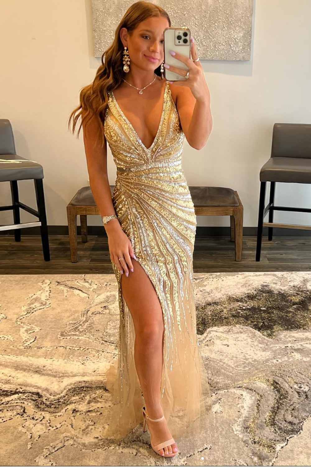 Golden Sparkle Mermaid Prom Dress with Deep V-Neck and Sequins
