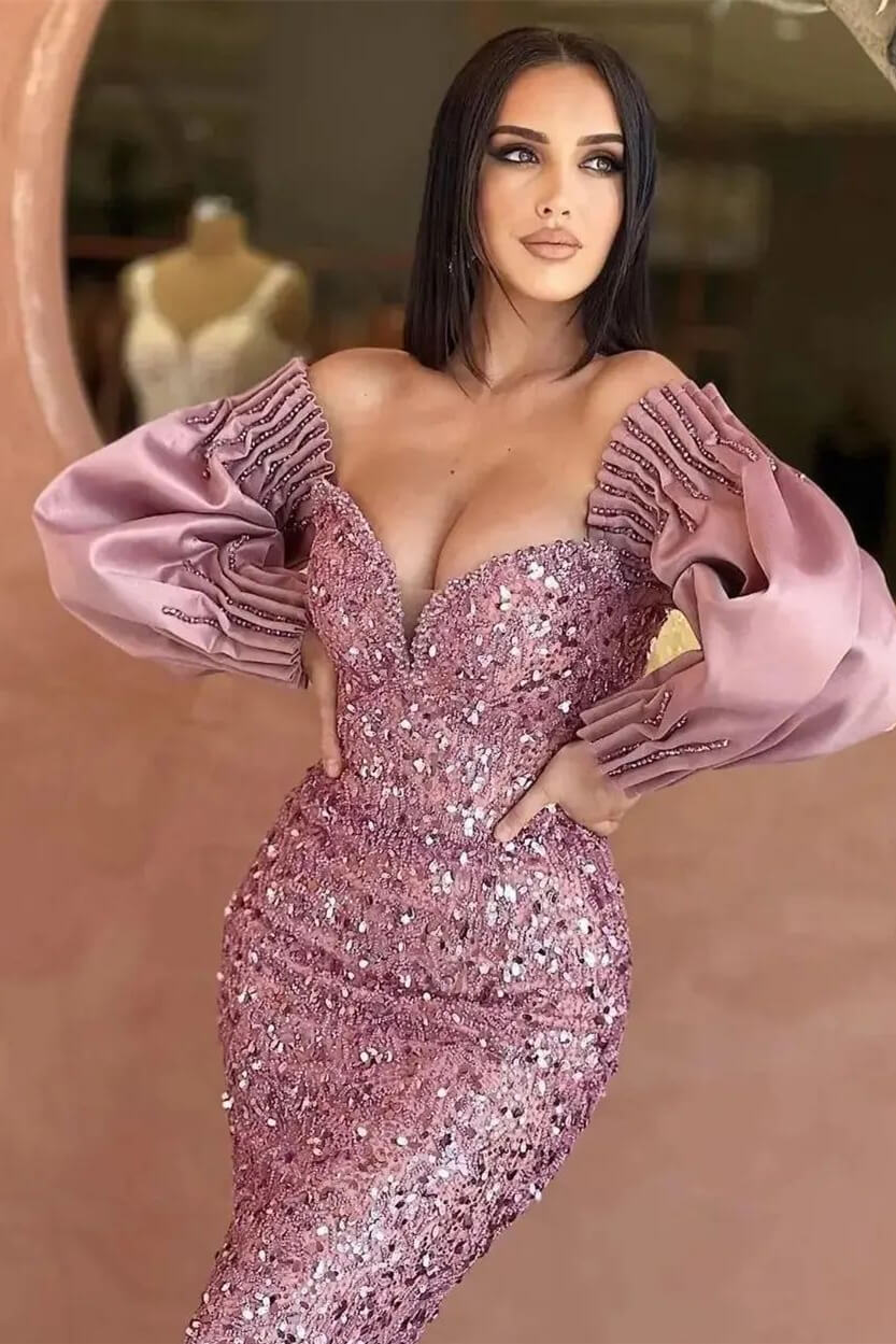 Off-The-Shoulder Sweetheart Long Sleeves Evening Dress With Sequins Mermaid