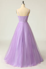 Light purple long prom dress with spaghetti straps in an A-line cut