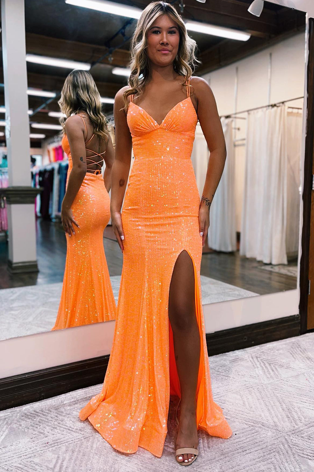 Orange Sequins Long Prom Dress with Mermaid Spaghetti Straps and Split Front Suzhoudress Orange Sequins Long Prom Dress with Mermaid Spaghetti Straps and Split Front Suzhoudress