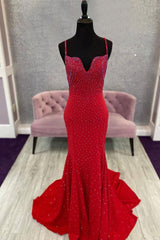 Red Long Prom Dress with Mermaid Spaghetti Straps and Beading