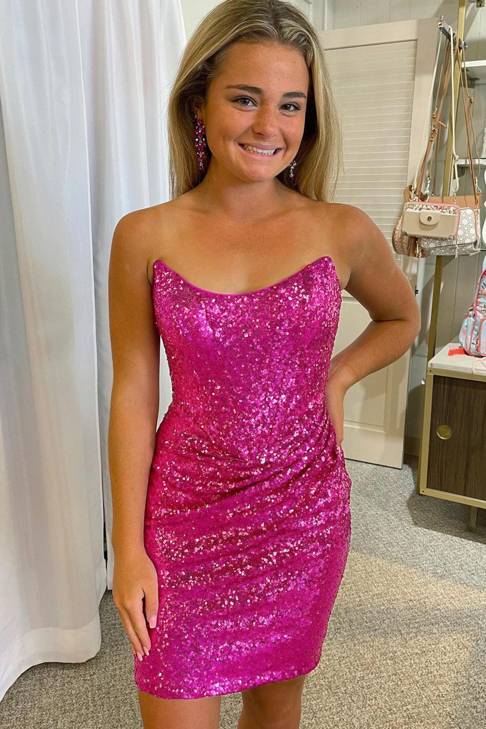 Fuchsia Detachable Off the Shoulder Sequins Tight Homecoming Dress/Mini Dress