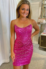 Fuchsia Detachable Off the Shoulder Sequins Tight Homecoming Dress/Mini Dress