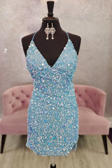 Blue Sequins Backless Tight Homecoming Dress/Mini Dress
