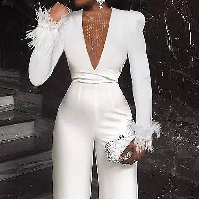 Charming V-Neck Feather White Sequins Long Sleeves Jump Suit