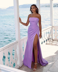 Strapless Slit Purple Long Mermaid Evening Dress With Chic Pleats