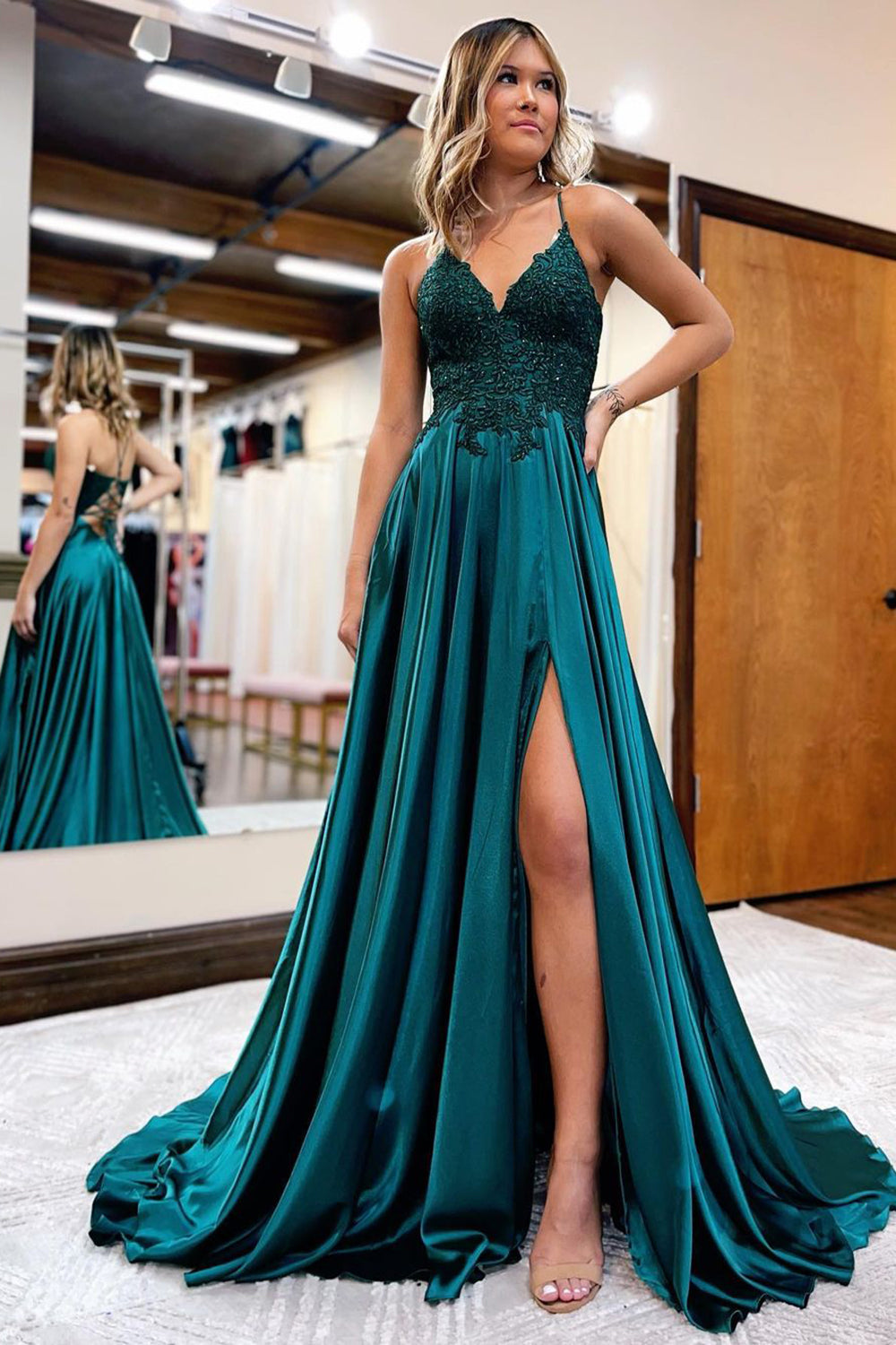 Long Green Prom Dress with Spaghetti Straps and Appliques in A-Line Style