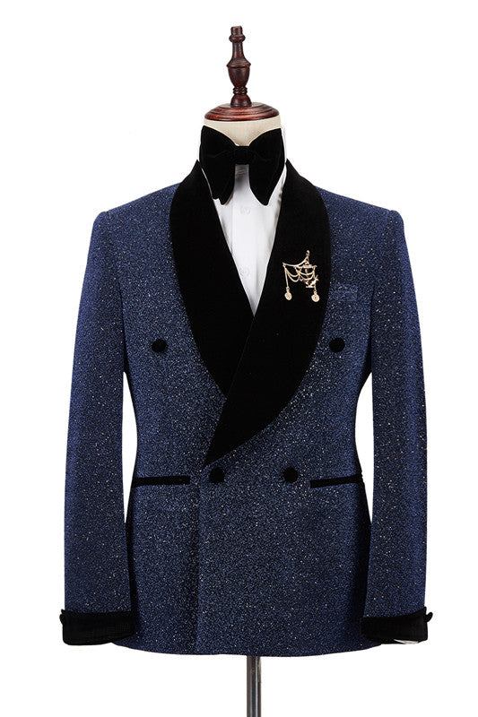 Luxury Sparkle Dark Navy Black Shawl Lapel Double-Breasted Wedding Suits