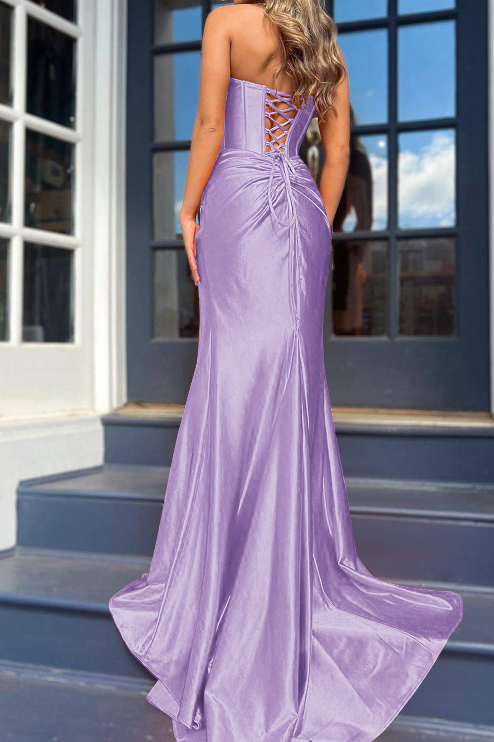 Orange Strapless Mermaid Corset Prom Dress Featuring a Front Split
