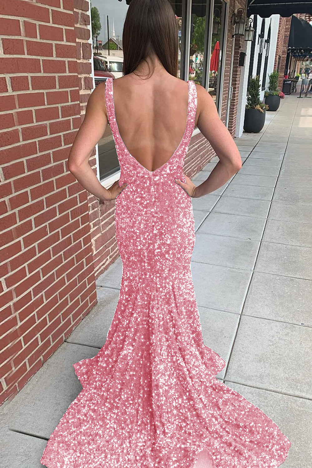 Long Prom Dress with Sequins in Mermaid Blue V-Neck