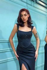 Black Shoulder Front Straps Split Mermaid Evening Dress With Beadings