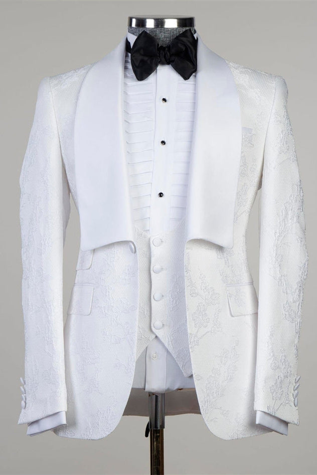 Dennis White Jacquard Shawl Lapel Three-Piece Men's Suits for Wedding