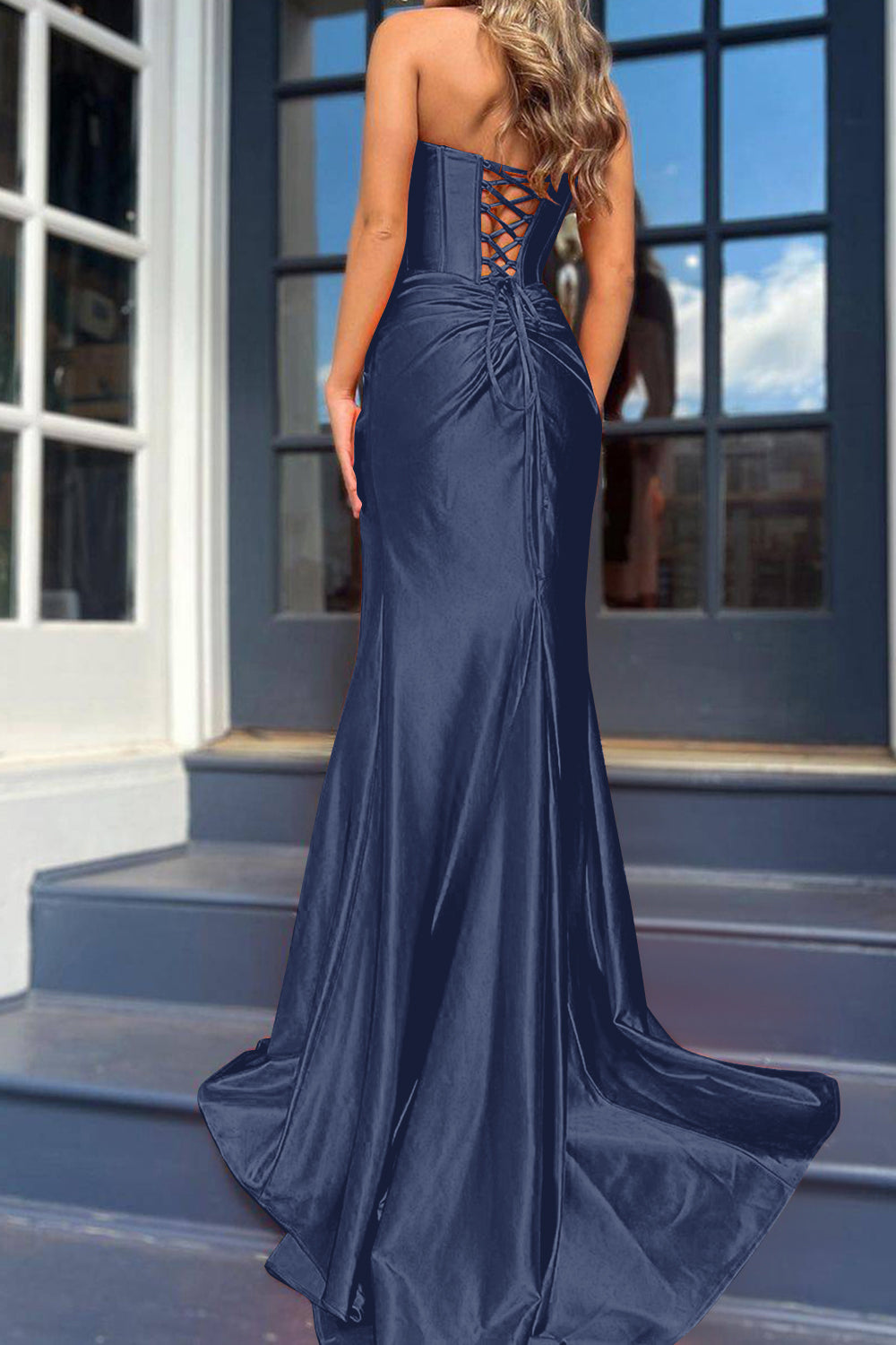 Orange Strapless Mermaid Corset Prom Dress Featuring a Front Split