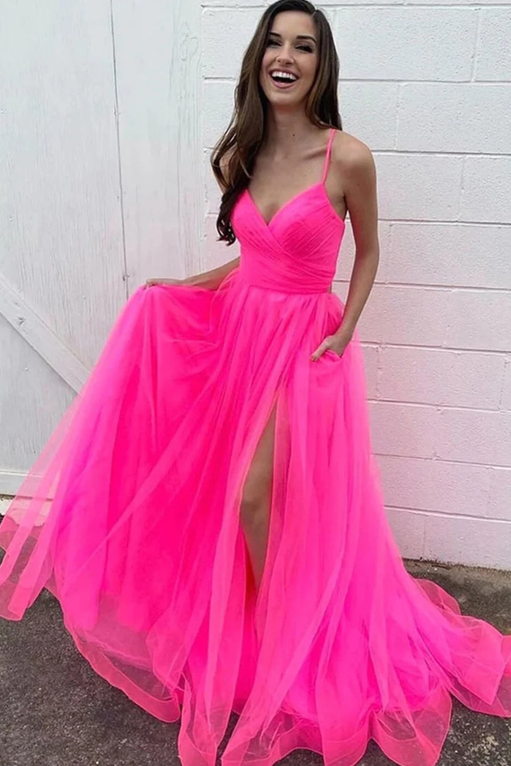 Long Prom Dress in Hot Pink with Pockets A-Line Tulle Design