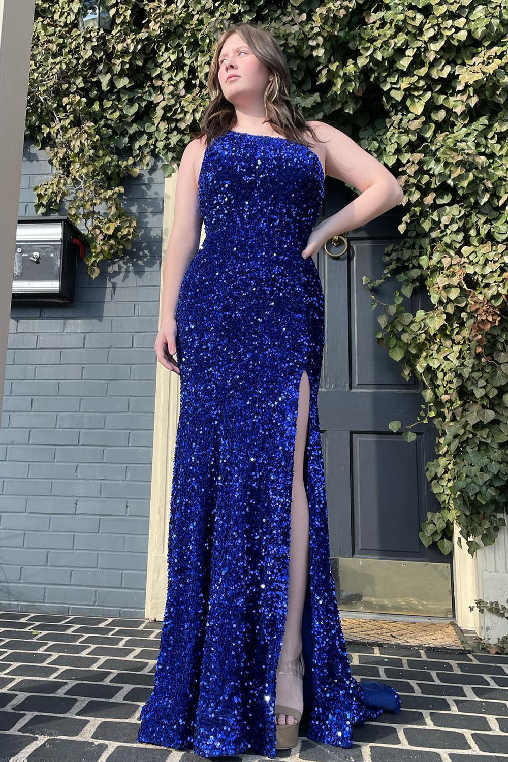 Red Sequined One-Shoulder Prom Dress with High Slit