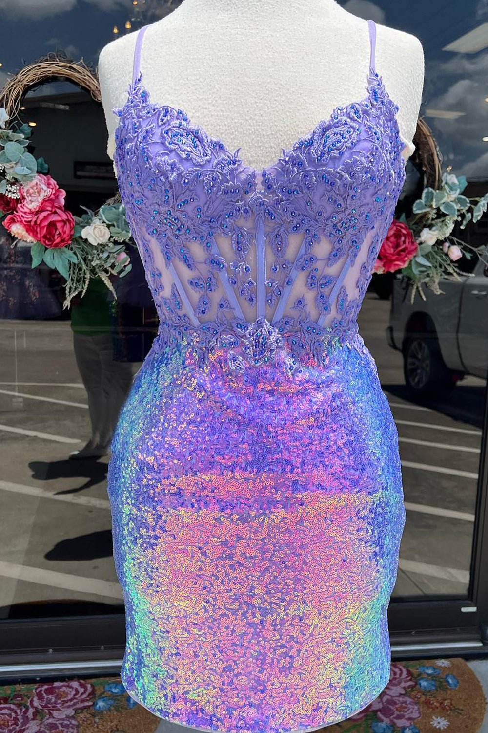Sparkly Purple Corset Tight Short Homecoming Dress/Mini Dress with Lace