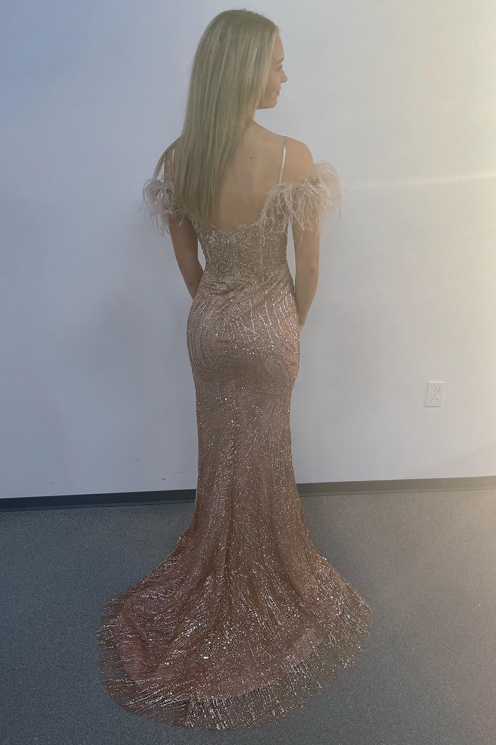 Mermaid Prom Dress with Lavender Appliques and Feathers